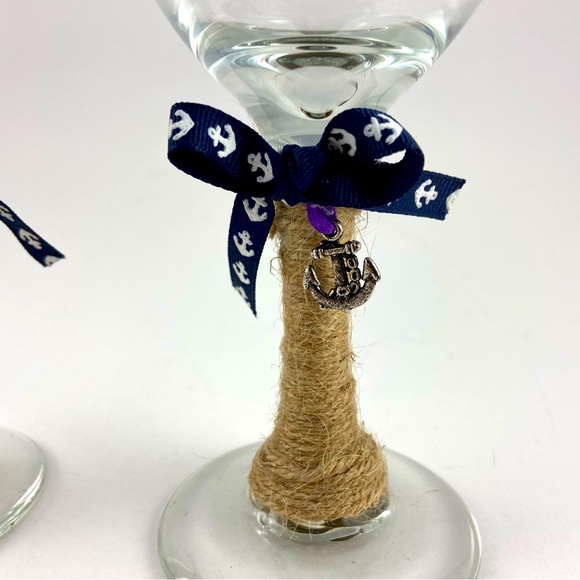 Wine Glasses Set of 2 with Wicker Rattan Wrapped Stems with Navy Anchor and Blue - Picture 2 of 4